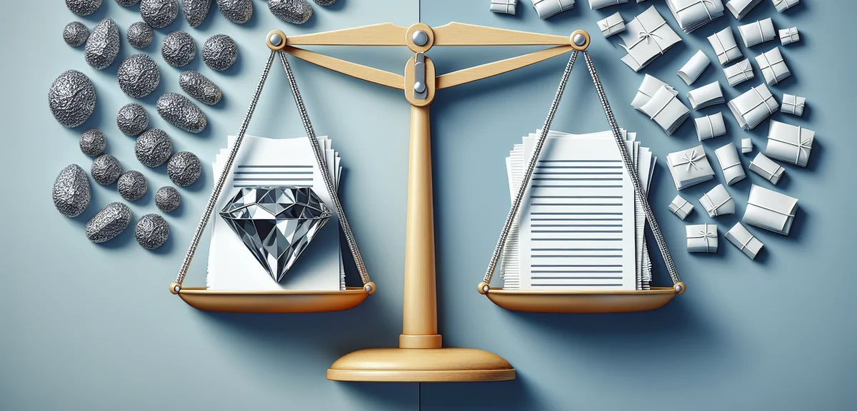 A split comparison illustration showing quality vs quantity for blog posts, left side with one polis