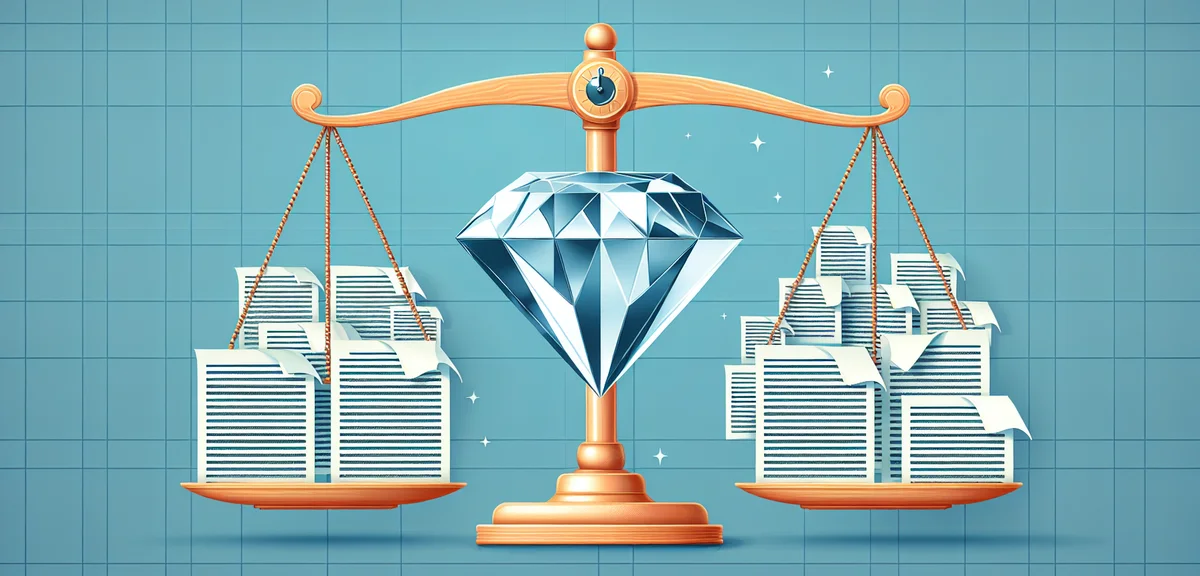 A split comparison illustration showing quality vs quantity for blog posts, left side with one polis