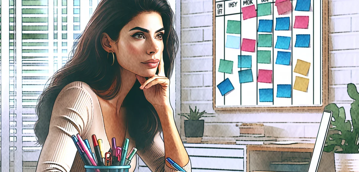 A person planning their weekly blog schedule on a whiteboard with sticky notes and markers, focused