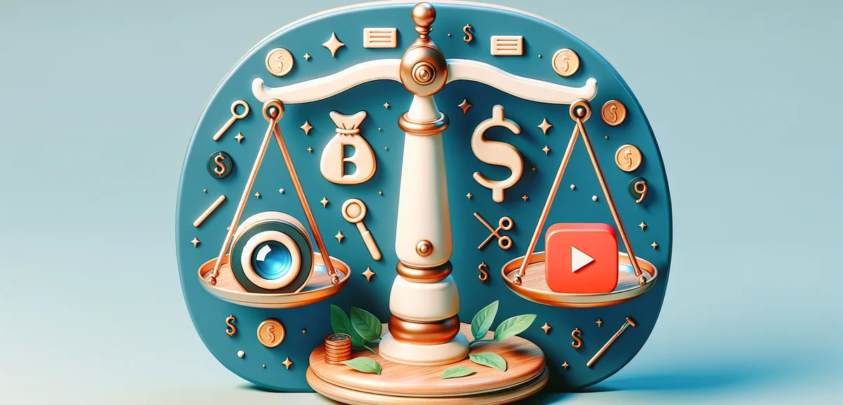 An illustration showing a balance scale, one side with a blog icon and the other with a YouTube play