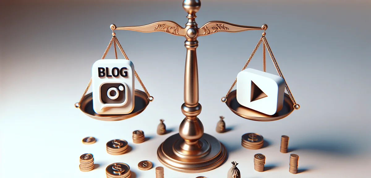An illustration showing a balance scale, one side with a blog icon and the other with a YouTube play