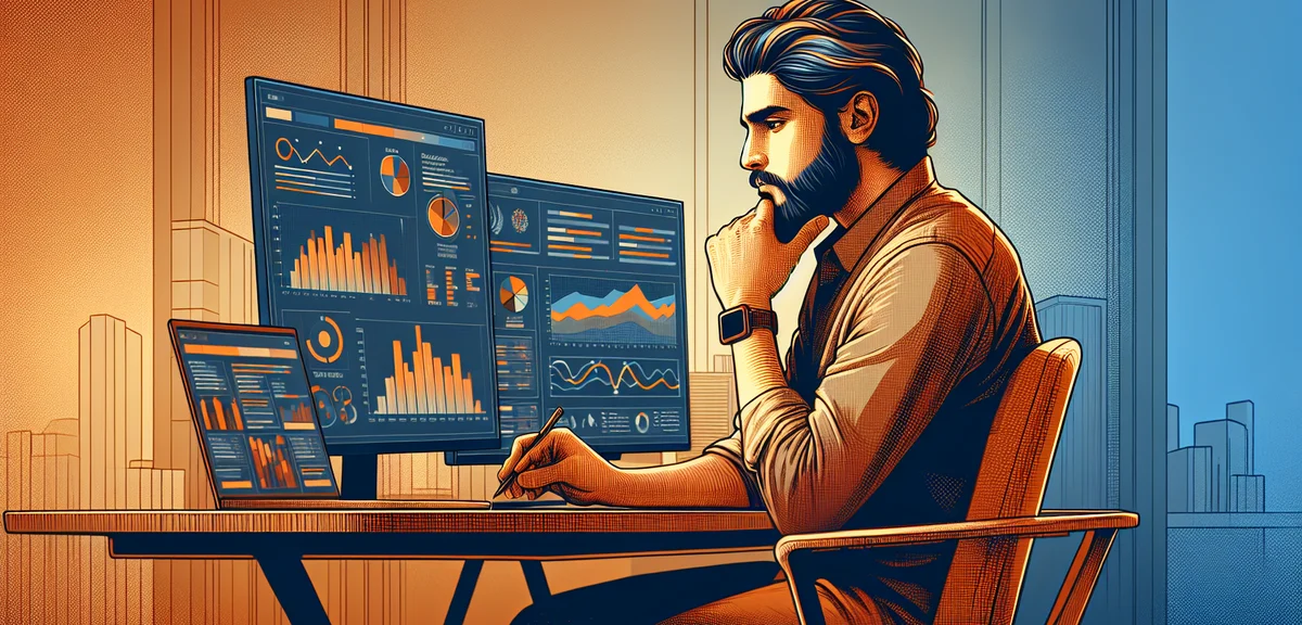 A digital illustration of a person sitting at a desk looking at two screens, one showing blog analyt