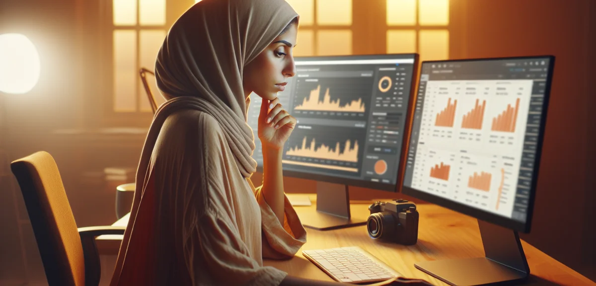 A digital illustration of a person sitting at a desk looking at two screens, one showing blog analyt