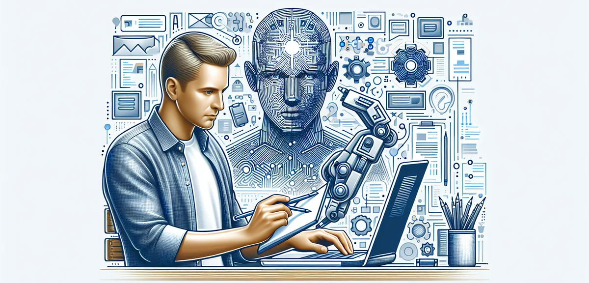 An illustration of a person using AI tools on a laptop to create both blog posts and video scripts s