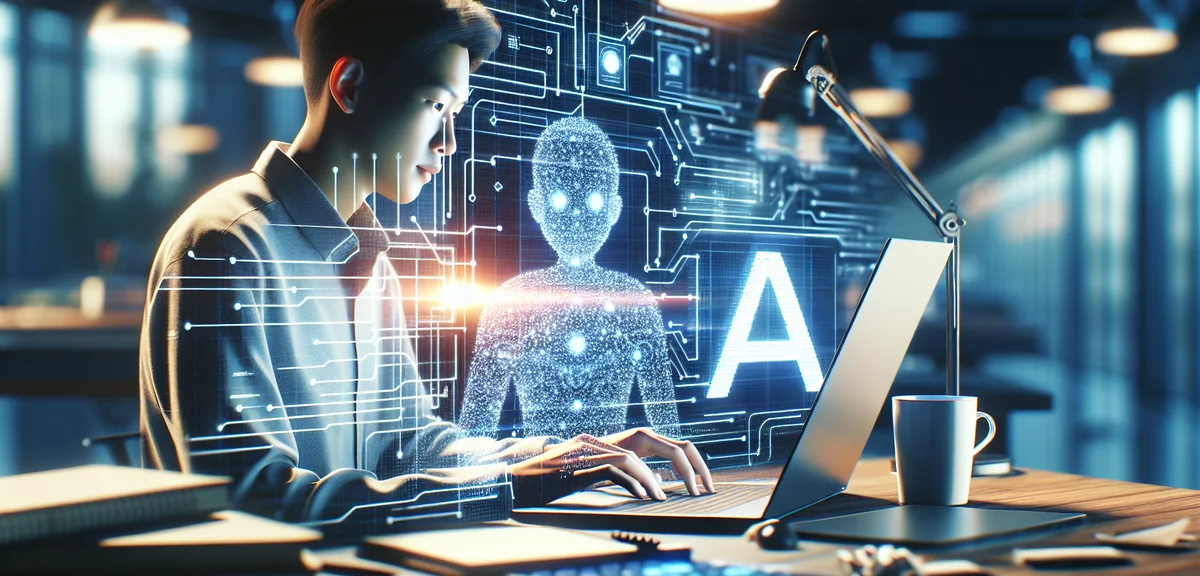 An illustration of a person using AI tools on a laptop to create both blog posts and video scripts s