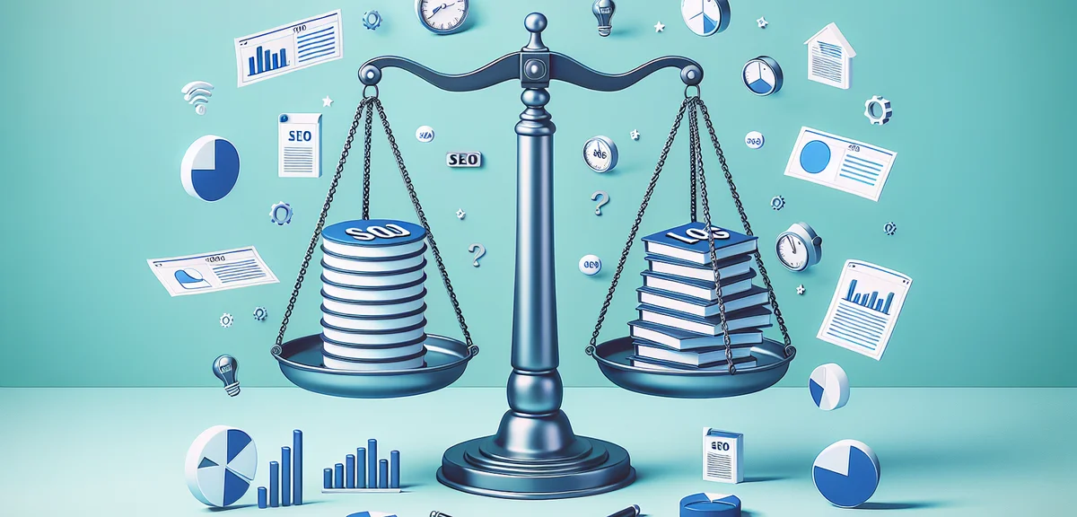 A balance scale comparing short and long blog articles, with SEO metrics floating around, clean illu
