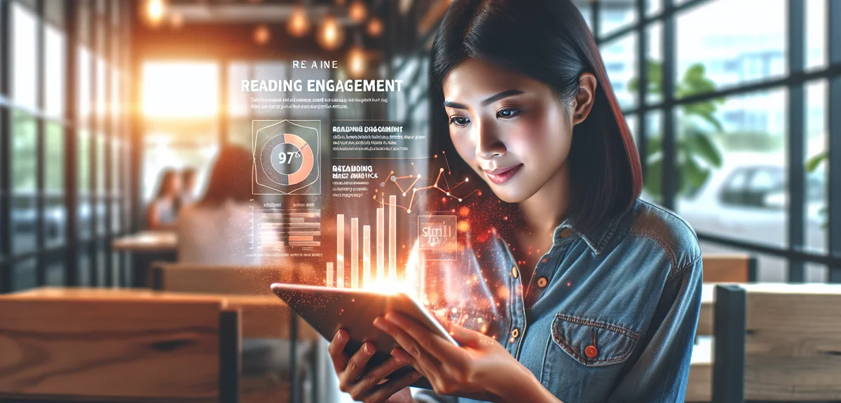 A person reading a blog article on a tablet with engagement metrics overlay, bright digital illustra