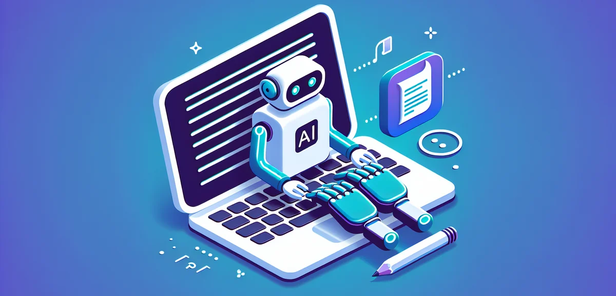 AI支援によるライティングのイラスト、ノートパソコンにAIロボットのアイコンがテキスト生成を手助けする様子、未来的だが親しみやすいデザイン、紫とティールのアクセントカラー
