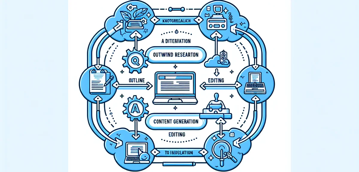 An illustrated step-by-step workflow diagram showing the process of writing a blog post with ChatGPT