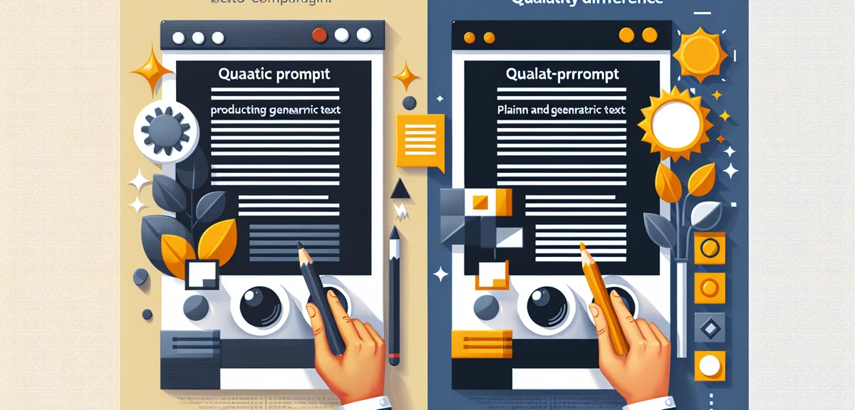 A side-by-side comparison illustration showing a basic ChatGPT prompt on the left producing generic
