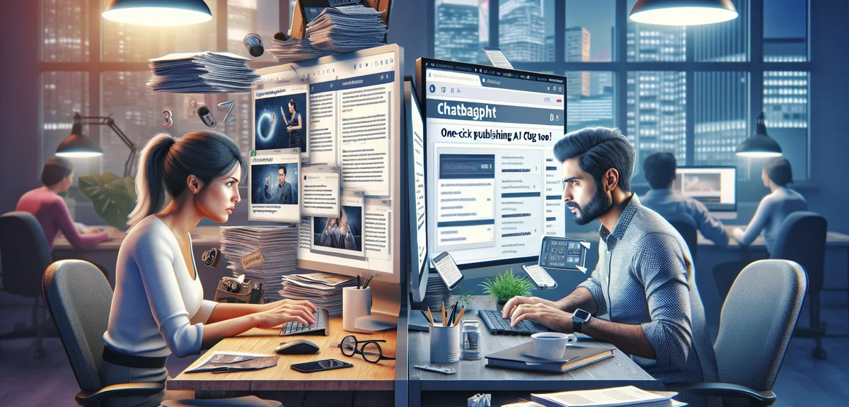 An illustration comparing manual ChatGPT blog writing (person copying and pasting between screens) v