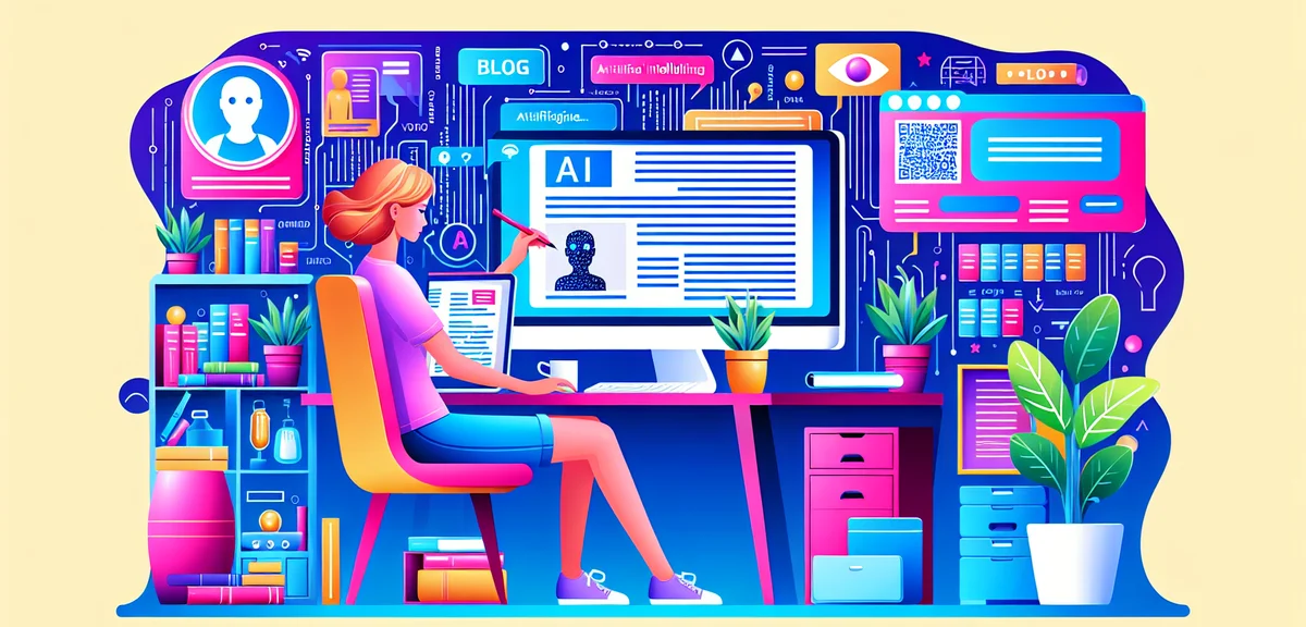 A person writing a blog article with AI assistance, split screen showing two different AI outputs, m