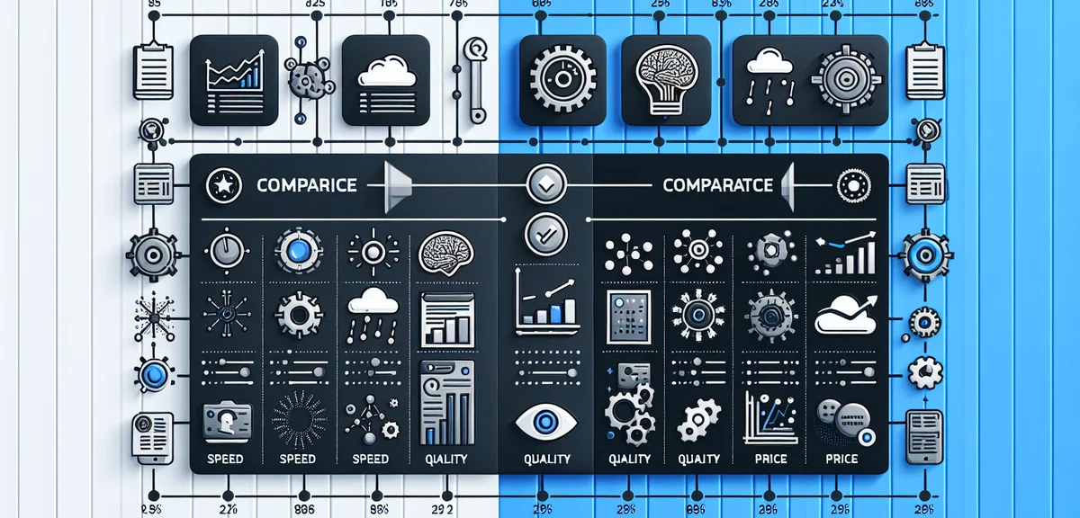 Comparison chart infographic with two columns showing feature differences between AI tools, icons fo