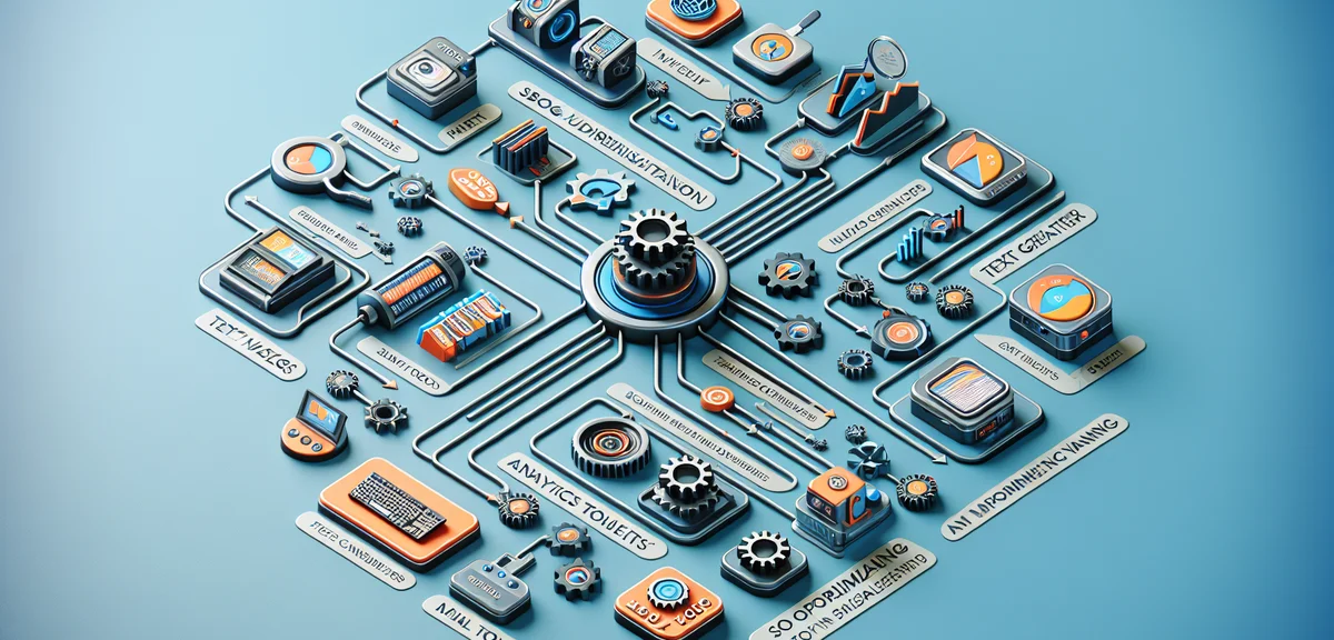 Workflow diagram showing AI tools feeding into a blog auto-publishing system, gears and arrows conne