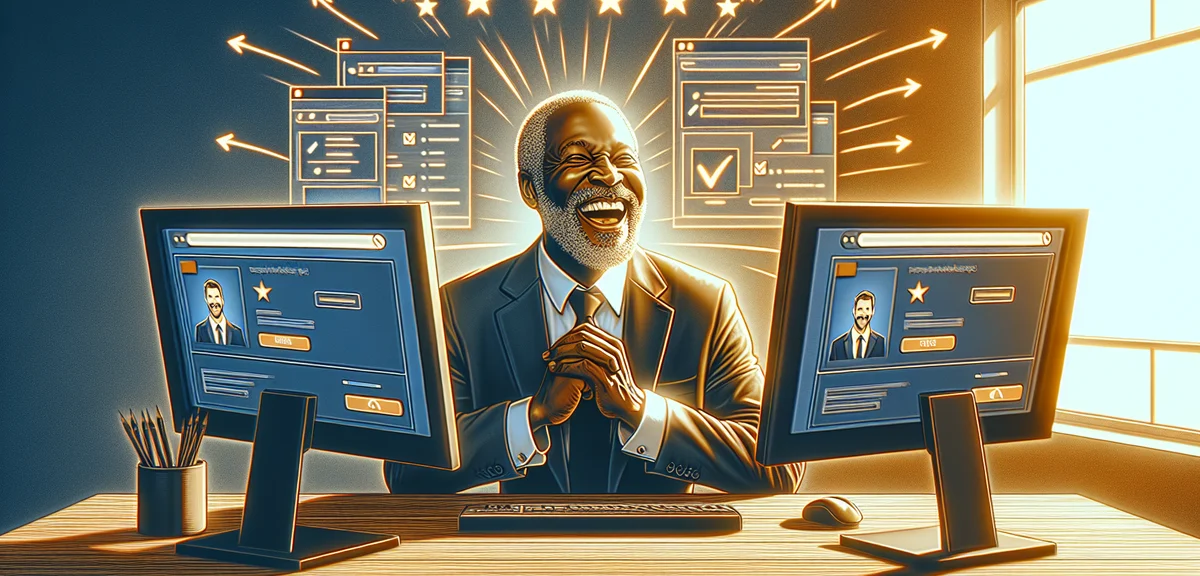 A freelancer working happily at a dual monitor setup, comparing two job platforms on each screen, wi