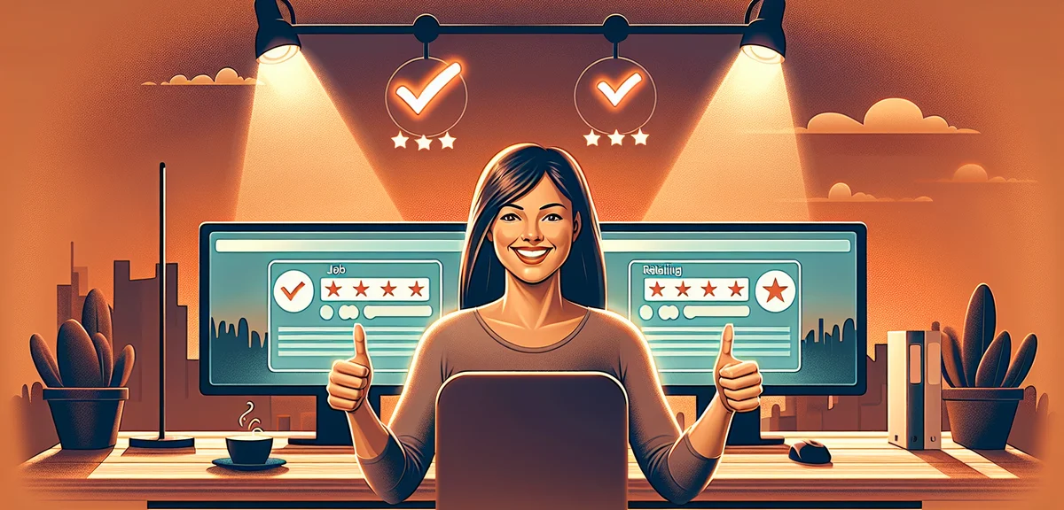 A freelancer working happily at a dual monitor setup, comparing two job platforms on each screen, wi