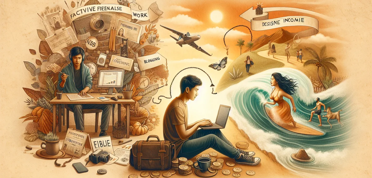 A person transitioning from active freelance work on the left to passive income through a blog on th