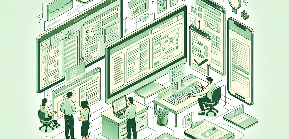 An illustration showing various data entry tasks on multiple screens - spreadsheets, forms, and data