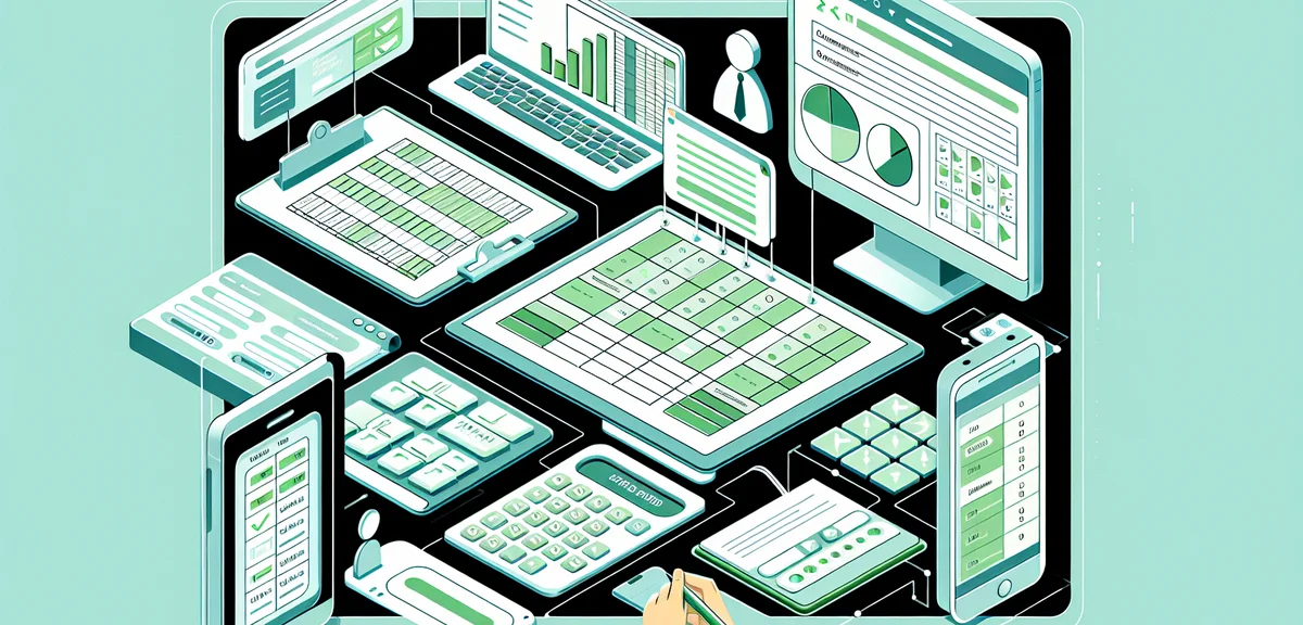 An illustration showing various data entry tasks on multiple screens - spreadsheets, forms, and data