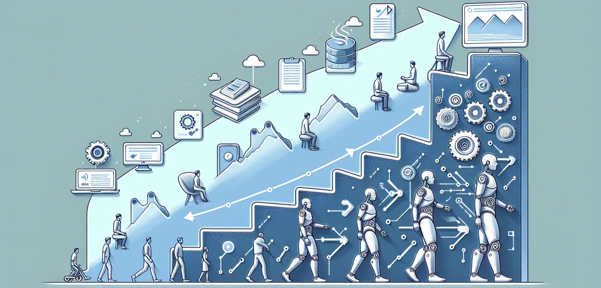 An illustration showing the evolution from manual data entry to AI-powered blogging, with an arrow s