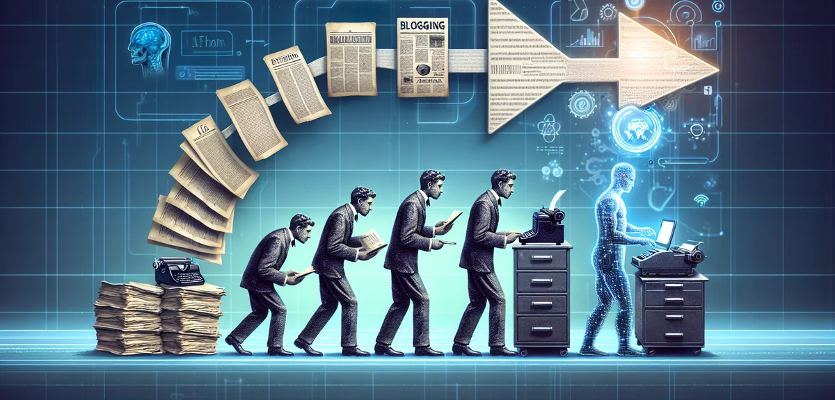 An illustration showing the evolution from manual data entry to AI-powered blogging, with an arrow s