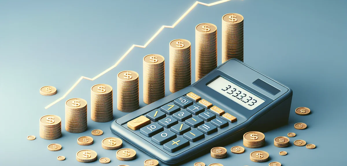 A calculator showing dividend calculations with stacks of coins growing progressively taller, financ