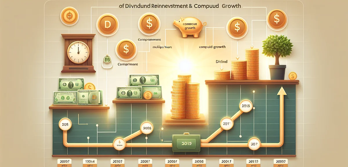 A timeline illustration showing dividend reinvestment and compound growth over years, milestone mark