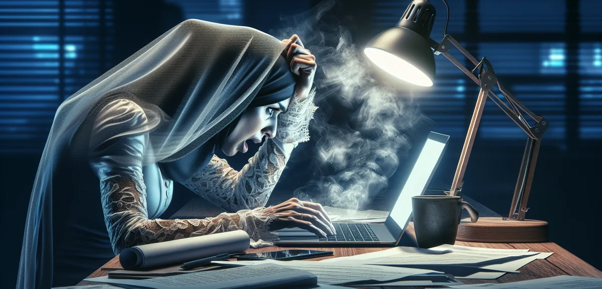 A person late at night struggling to write a blog article at a desk with coffee, showing the early s