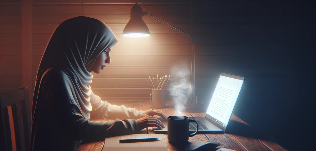 A person late at night struggling to write a blog article at a desk with coffee, showing the early s
