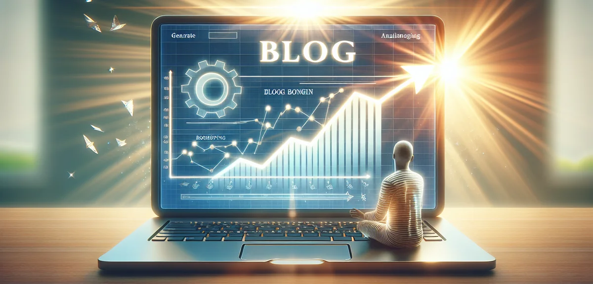A laptop screen showing blog analytics with growing traffic graph, person feeling hopeful, bright mo