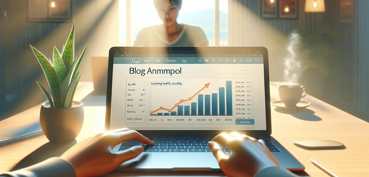 A laptop screen showing blog analytics with growing traffic graph, person feeling hopeful, bright mo