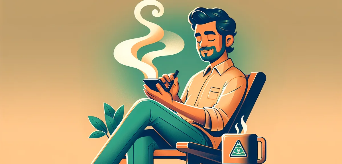 A person relaxed and happy checking passive income on phone while enjoying morning coffee, achieving