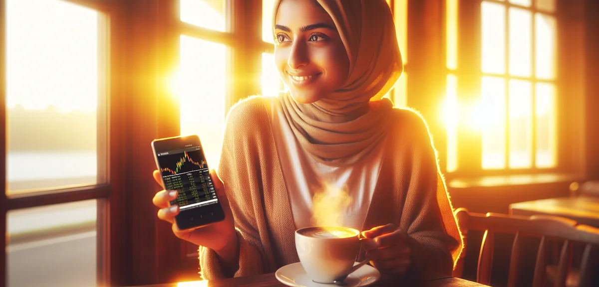 A person relaxed and happy checking passive income on phone while enjoying morning coffee, achieving