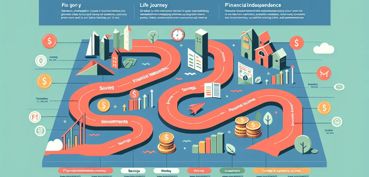 A roadmap illustration with milestones showing financial independence journey, from savings to inves
