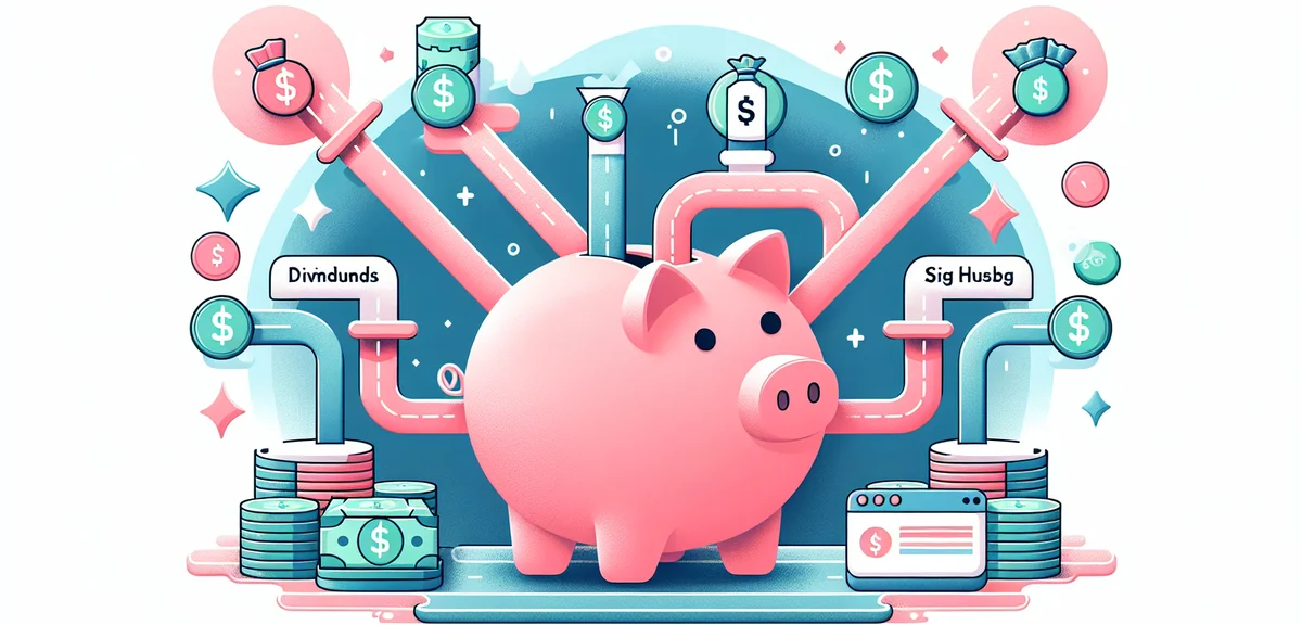 Multiple income streams flowing into a central piggy bank, icons for dividends, blog income, side jo