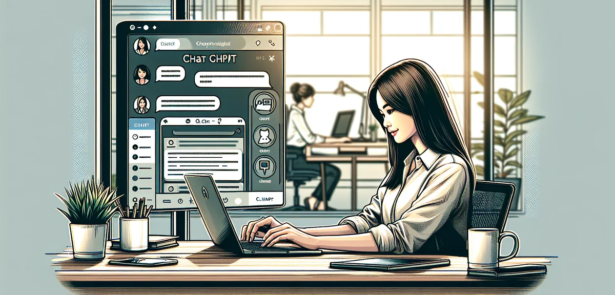 A person using ChatGPT on a laptop screen, modern office environment, focused atmosphere, illustrati
