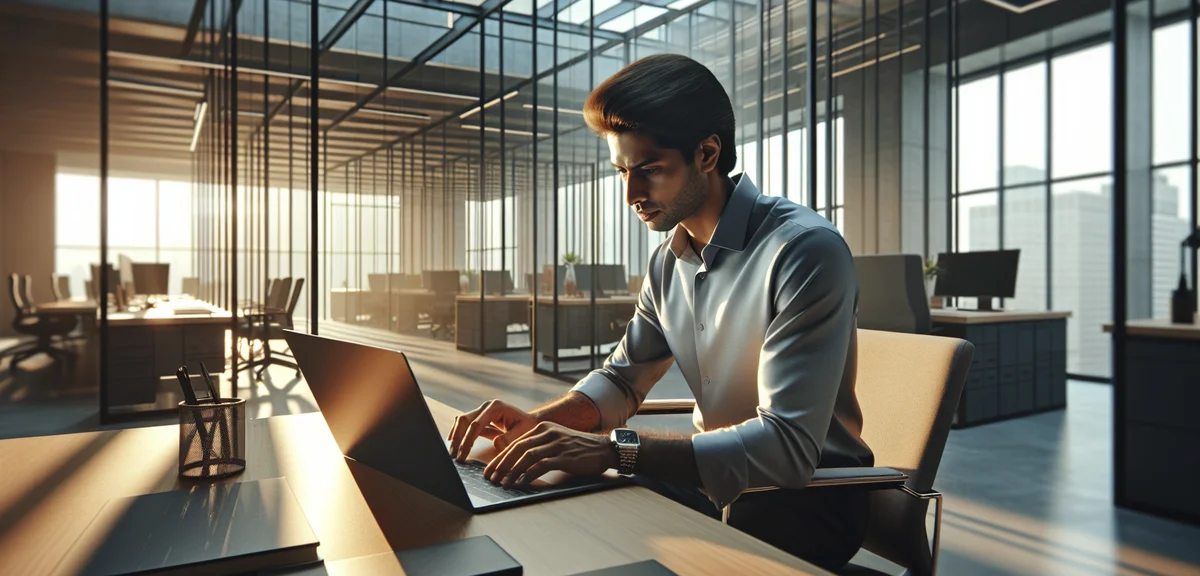 A person using ChatGPT on a laptop screen, modern office environment, focused atmosphere, illustrati