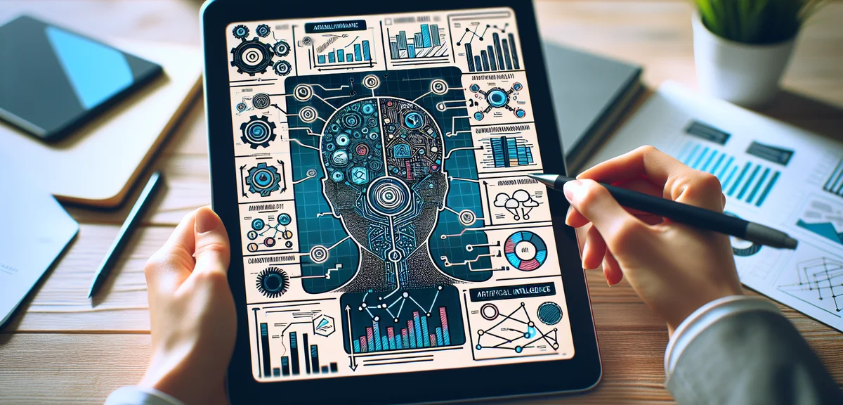 Comparison chart of different AI tools displayed on a tablet, infographic style, clean design, vibra