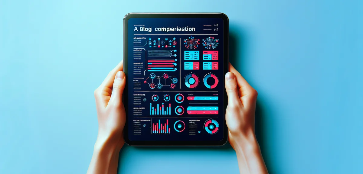 Comparison chart of different AI tools displayed on a tablet, infographic style, clean design, vibra