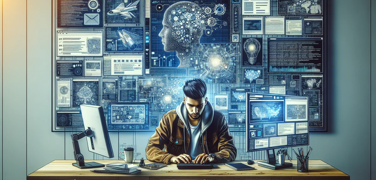 A creative person using AI tools for content creation, multiple screens showing text and images, mod