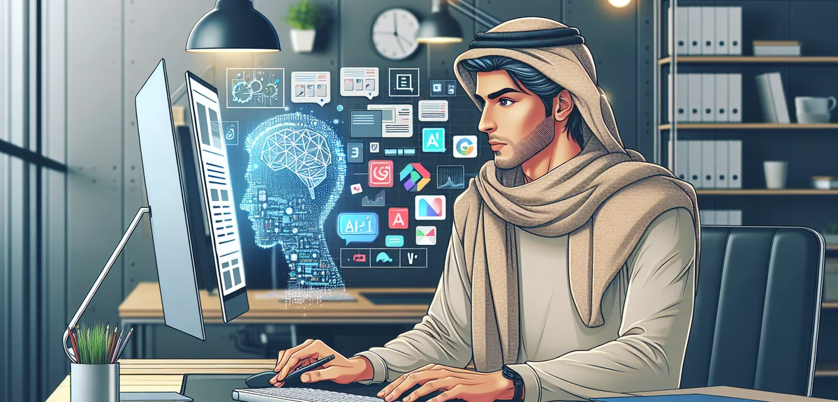 A creative person using AI tools for content creation, multiple screens showing text and images, mod