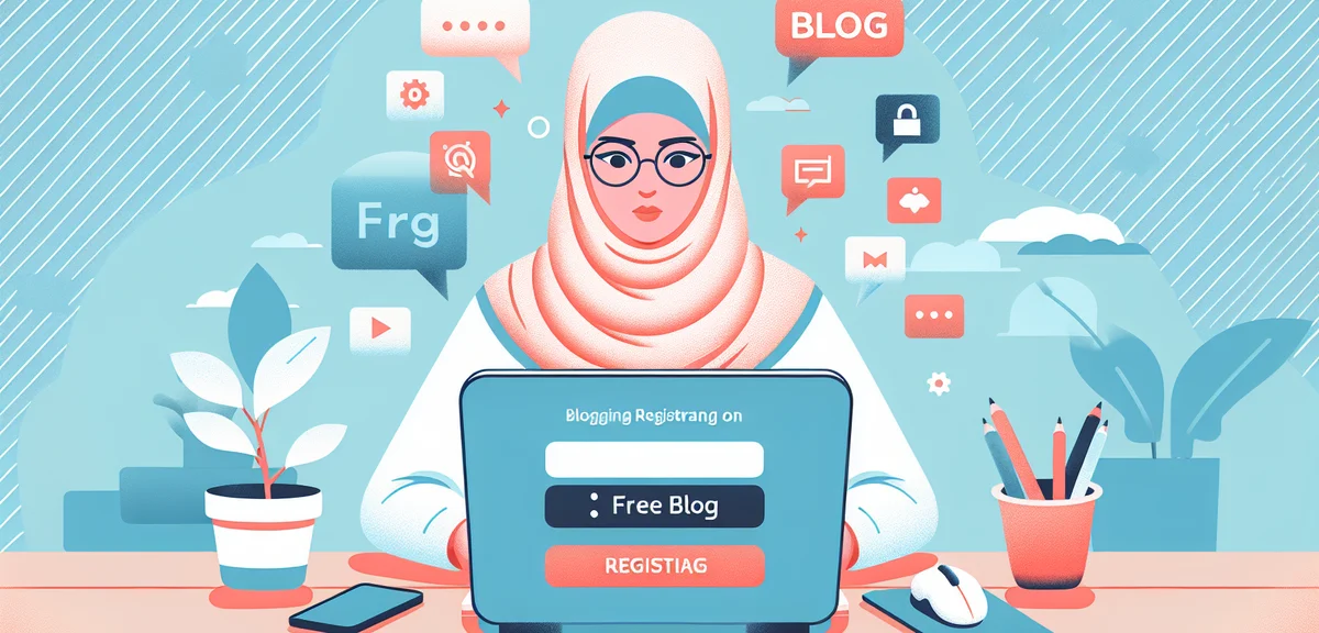A person signing up for a free blog service on a laptop with simple cheerful interface, icons of pop