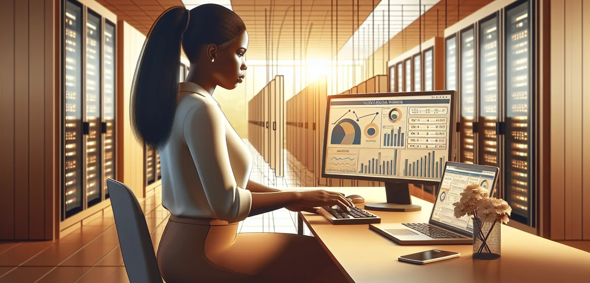 A professional blogger working on a custom domain website with analytics dashboard, server rack icon