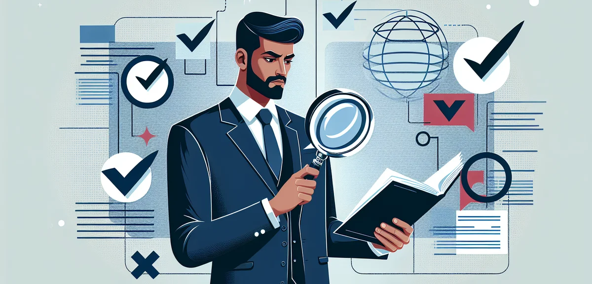 An illustration of a person carefully reading a company rulebook document with a magnifying glass, w