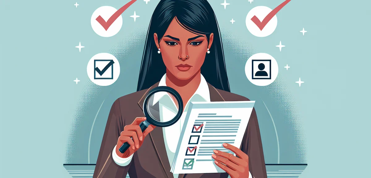 An illustration of a person carefully reading a company rulebook document with a magnifying glass, w