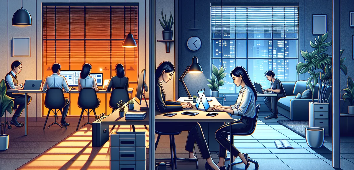 An illustration showing a split screen - left side shows an office worker during daytime, right side