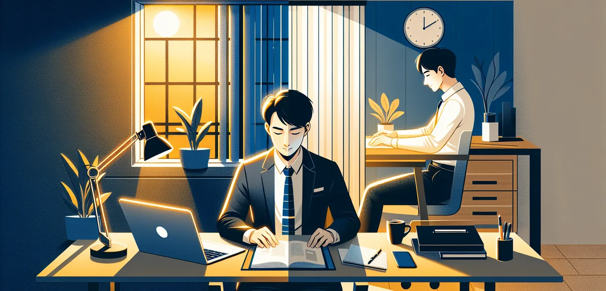 An illustration showing a split screen - left side shows an office worker during daytime, right side