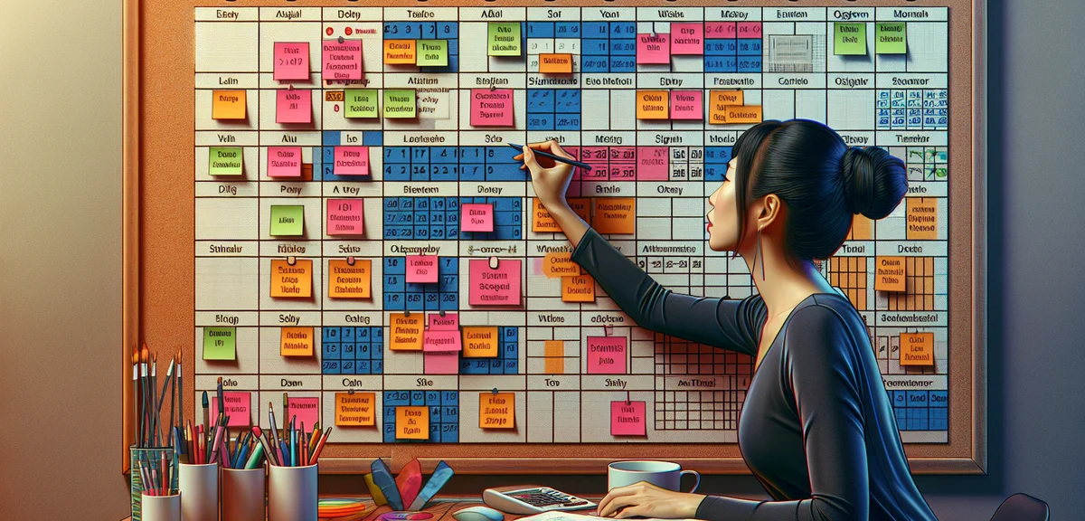 An illustration of a person organizing their weekly schedule on a large calendar board, with work an