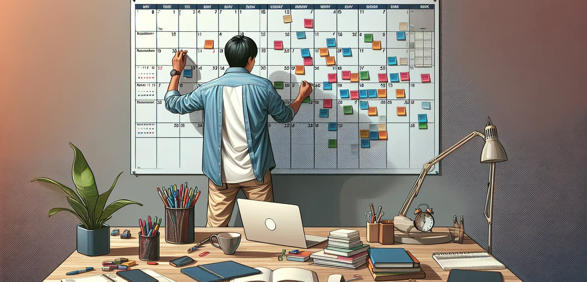 An illustration of a person organizing their weekly schedule on a large calendar board, with work an