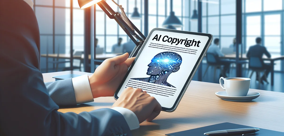 タブレットでAI著作権に関する法的文書を読む人物、モダンなオフィス環境、クリーンなイラストスタイル